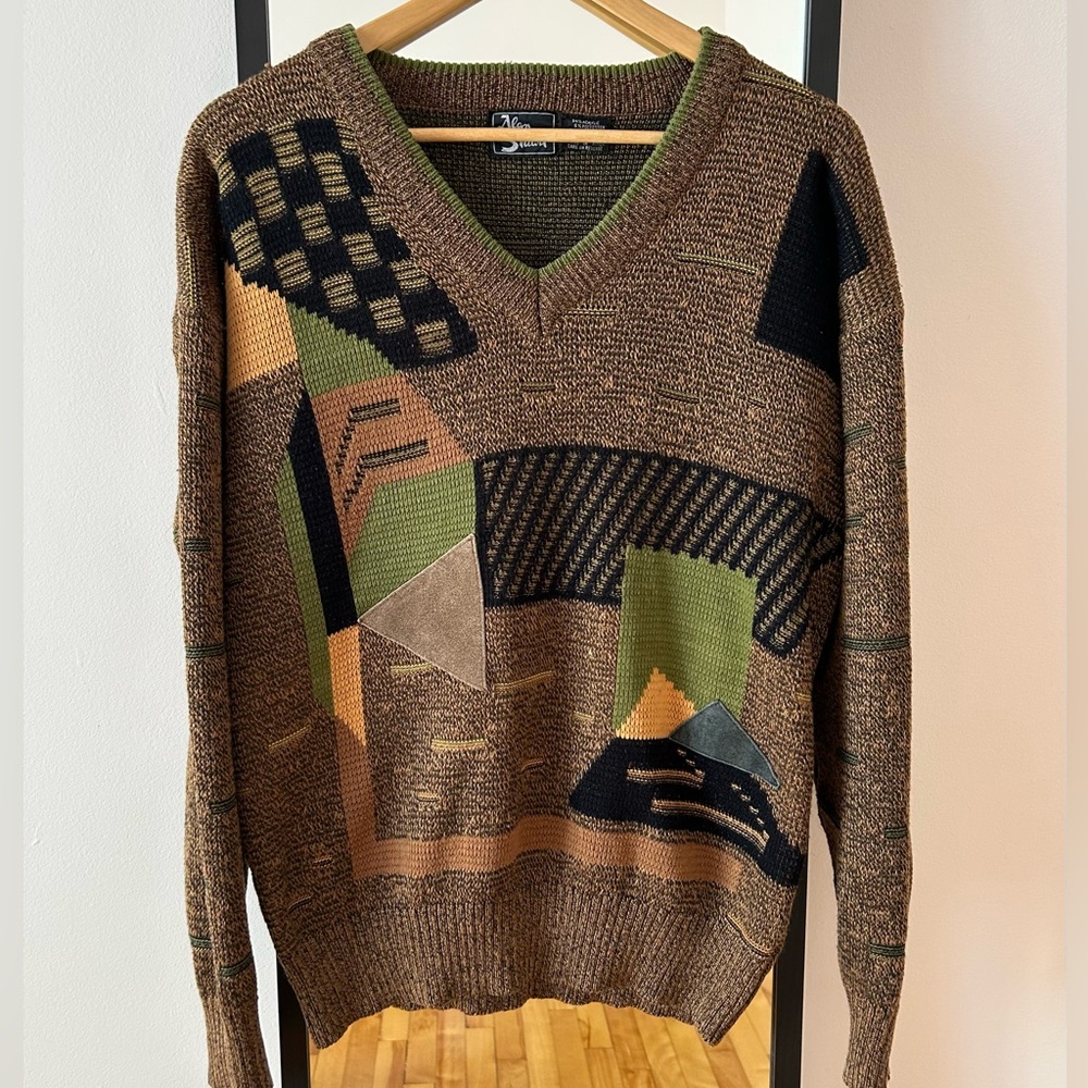 Vintage 80s 90s Alan Stuart knit grandpa geometric V-neck sweater knitwear dad